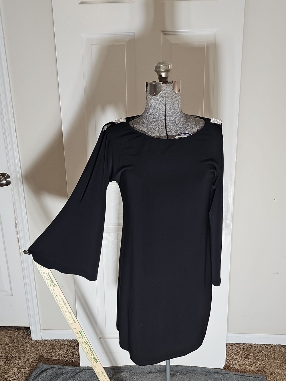 Nik and Nash Black Split Bell Sleeve Dress Rhinestone Shoulder Accent